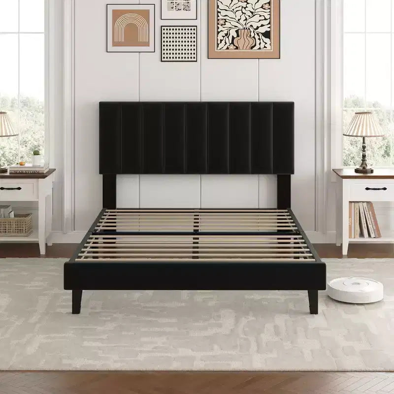 Velvet Upholstered Platform Bed Frame with Adjustable Vertical Channel Tufted Headboard, Easy Assembly, No Box Spring Required