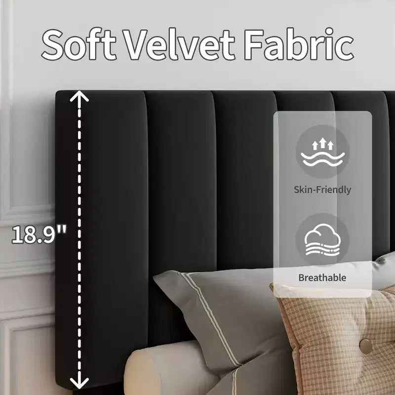 Velvet Upholstered Platform Bed Frame with Adjustable Vertical Channel Tufted Headboard, Easy Assembly, No Box Spring Required