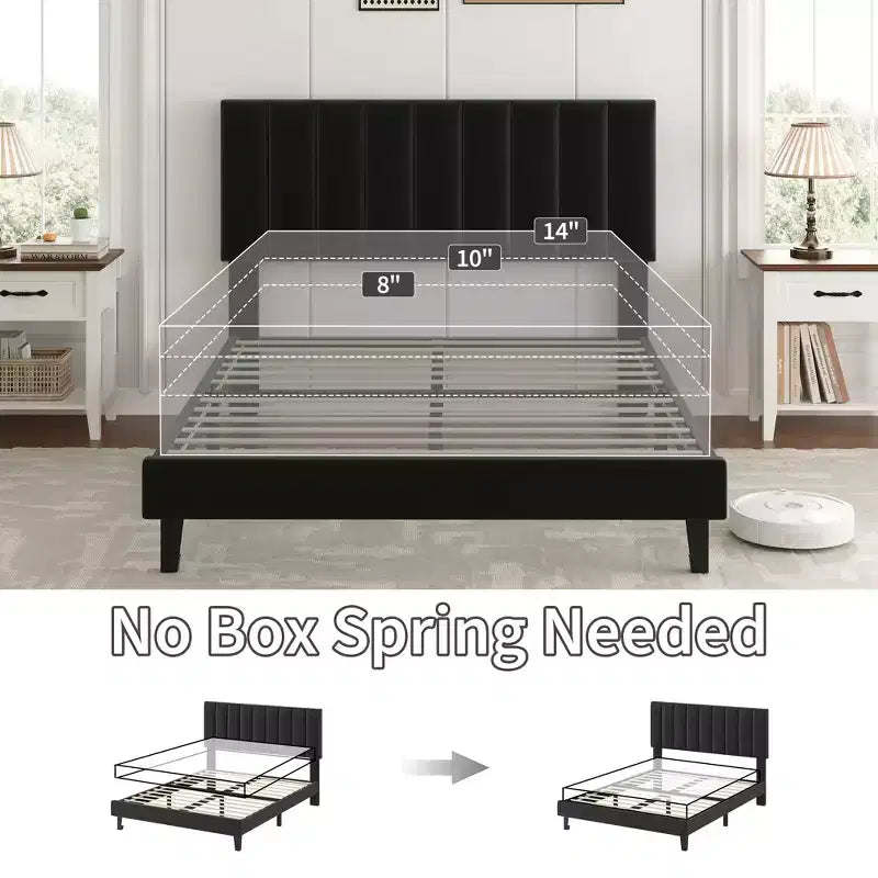Velvet Upholstered Platform Bed Frame with Adjustable Vertical Channel Tufted Headboard, Easy Assembly, No Box Spring Required