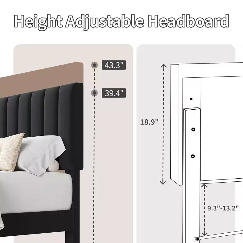 Velvet Upholstered Platform Bed Frame with Adjustable Vertical Channel Tufted Headboard, Easy Assembly, No Box Spring Required