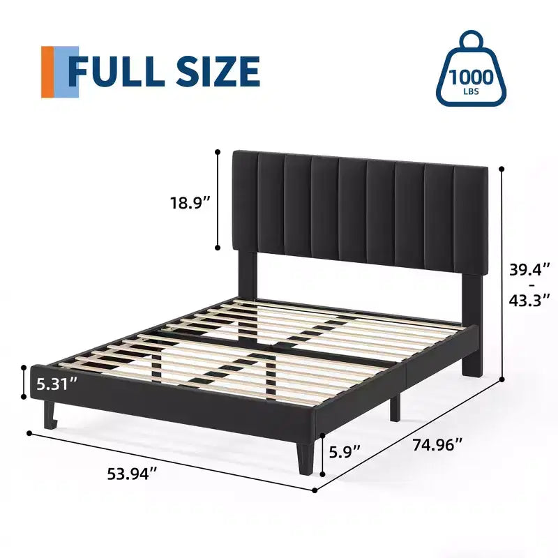 Velvet Upholstered Platform Bed Frame with Adjustable Vertical Channel Tufted Headboard, Easy Assembly, No Box Spring Required