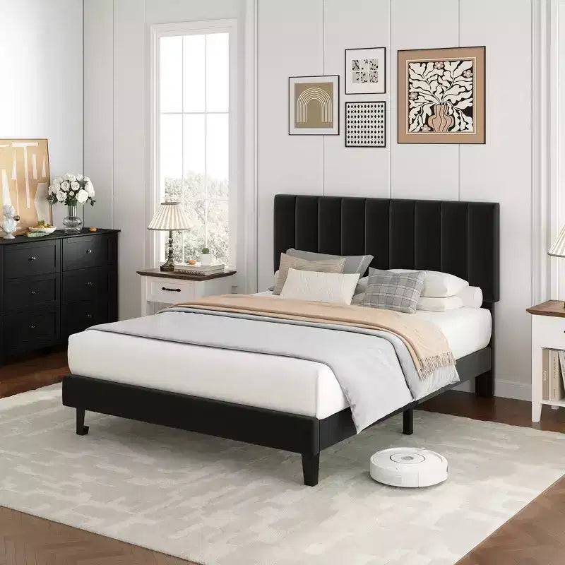 Velvet Upholstered Platform Bed Frame with Adjustable Vertical Channel Tufted Headboard, Easy Assembly, No Box Spring Required