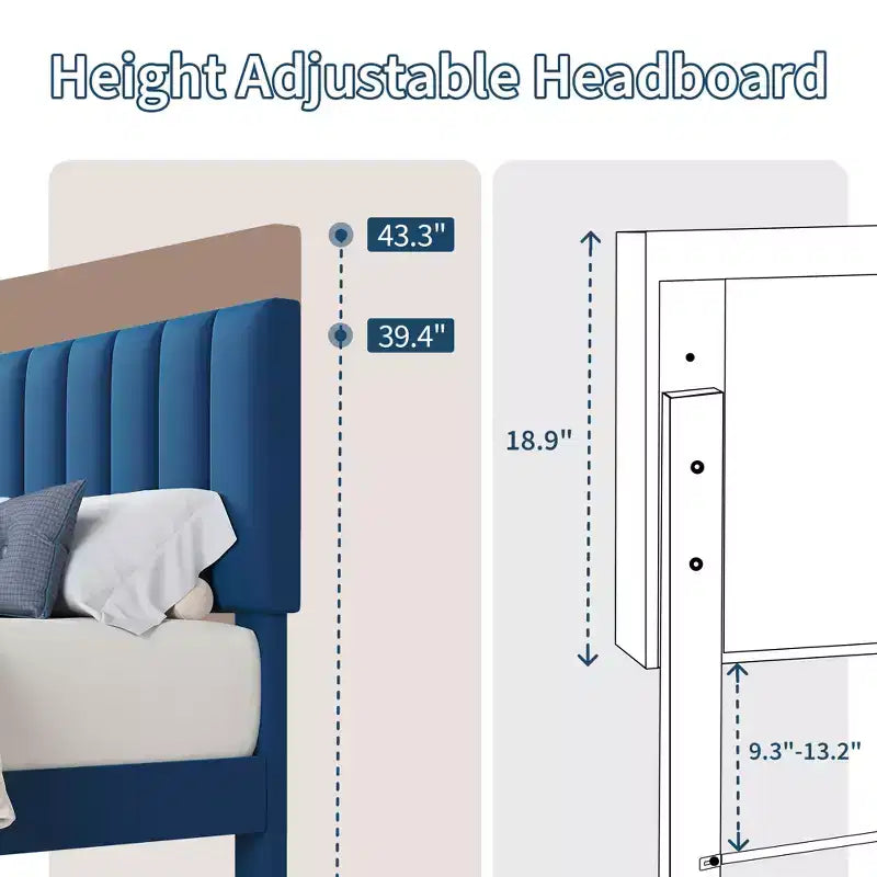 Velvet Upholstered Platform Bed Frame with Adjustable Vertical Channel Tufted Headboard, Easy Assembly, No Box Spring Required