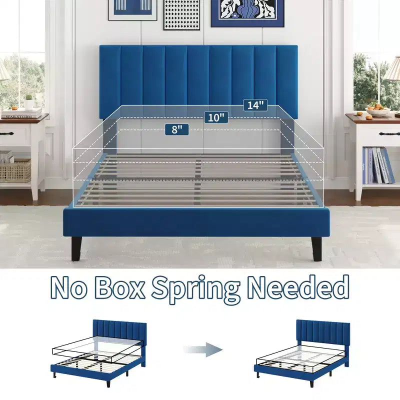 Velvet Upholstered Platform Bed Frame with Adjustable Vertical Channel Tufted Headboard, Easy Assembly, No Box Spring Required