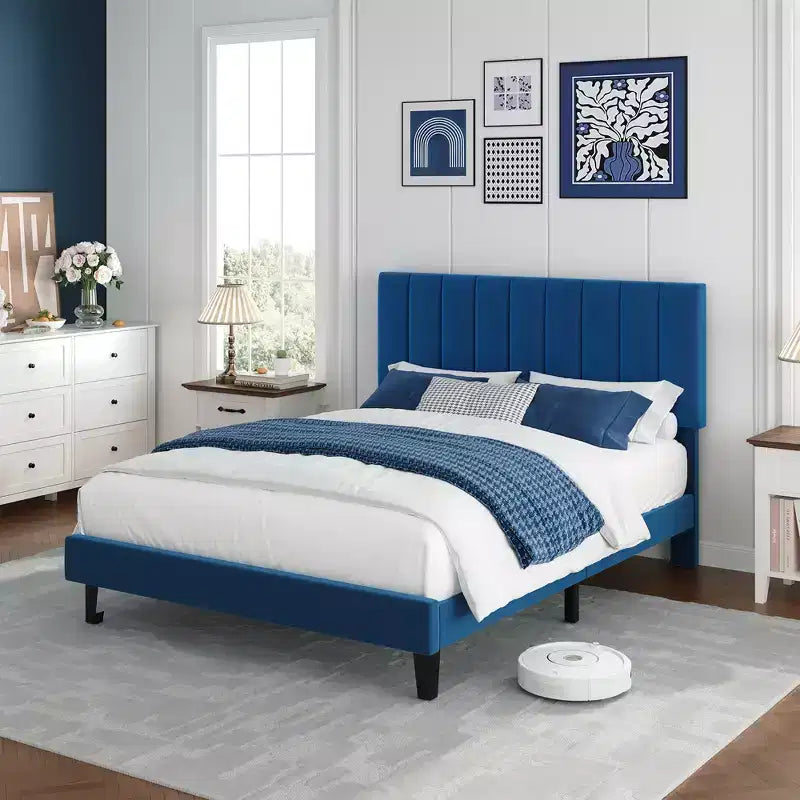 Velvet Upholstered Platform Bed Frame with Adjustable Vertical Channel Tufted Headboard, Easy Assembly, No Box Spring Required