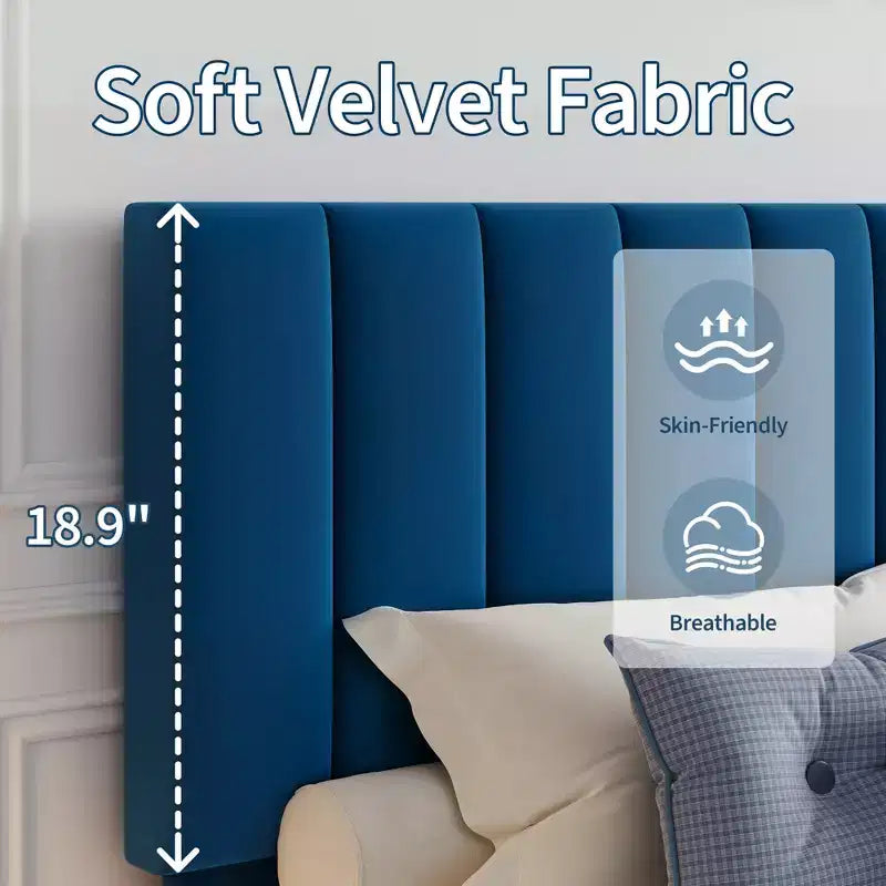 Velvet Upholstered Platform Bed Frame with Adjustable Vertical Channel Tufted Headboard, Easy Assembly, No Box Spring Required