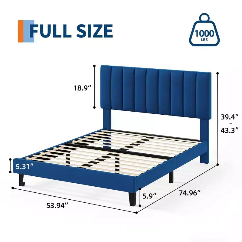 Velvet Upholstered Platform Bed Frame with Adjustable Vertical Channel Tufted Headboard, Easy Assembly, No Box Spring Required