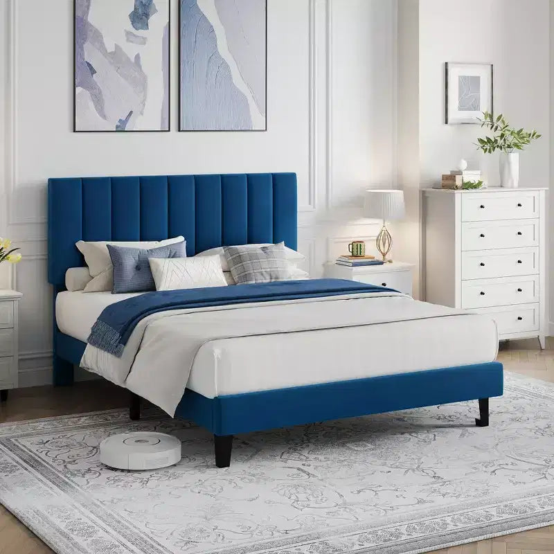Velvet Upholstered Platform Bed Frame with Adjustable Vertical Channel Tufted Headboard, Easy Assembly, No Box Spring Required