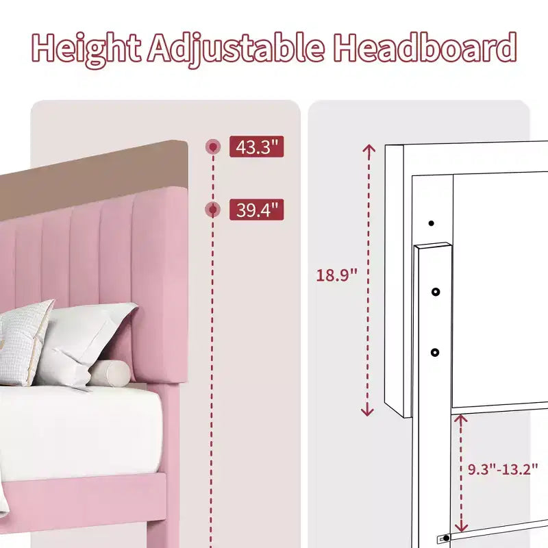 Velvet Upholstered Platform Bed Frame with Adjustable Vertical Channel Tufted Headboard, Easy Assembly, No Box Spring Required