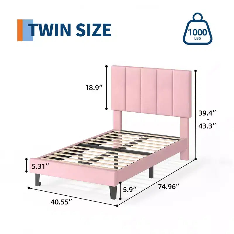 Velvet Upholstered Platform Bed Frame with Adjustable Vertical Channel Tufted Headboard, Easy Assembly, No Box Spring Required
