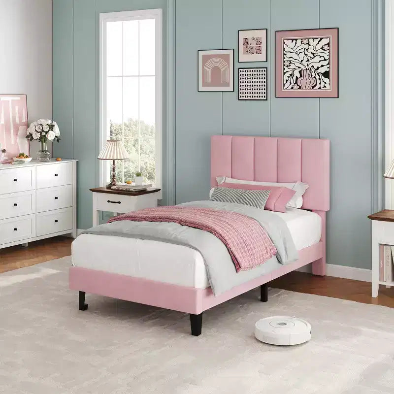 Velvet Upholstered Platform Bed Frame with Adjustable Vertical Channel Tufted Headboard, Easy Assembly, No Box Spring Required