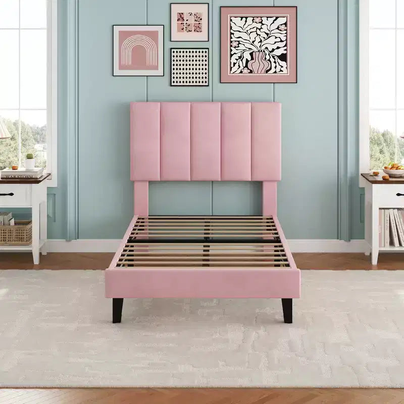 Velvet Upholstered Platform Bed Frame with Adjustable Vertical Channel Tufted Headboard, Easy Assembly, No Box Spring Required