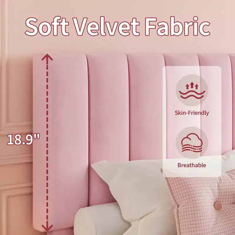 Velvet Upholstered Platform Bed Frame with Adjustable Vertical Channel Tufted Headboard, Easy Assembly, No Box Spring Required