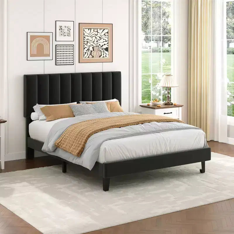 Velvet Upholstered Platform Bed Frame with Adjustable Vertical Channel Tufted Headboard, Easy Assembly, No Box Spring Required