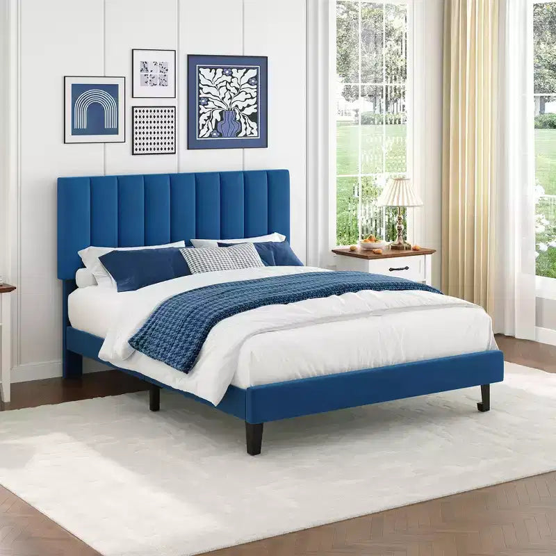 Velvet Upholstered Platform Bed Frame with Adjustable Vertical Channel Tufted Headboard, Easy Assembly, No Box Spring Required