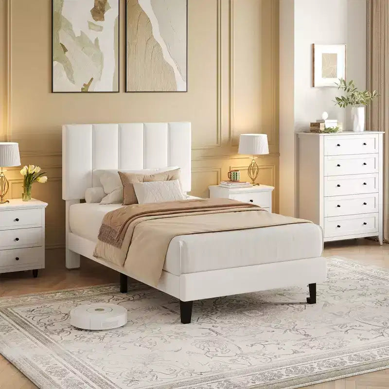 Velvet Upholstered Platform Bed Frame with Adjustable Vertical Channel Tufted Headboard, Easy Assembly, No Box Spring Required