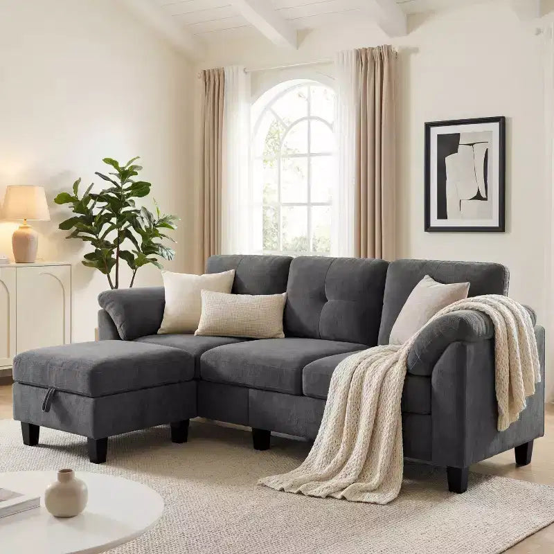 Dyonery 76.4-inch Modern Style Three-seater Sofa with Armrests and Pillows in Chenille Beige