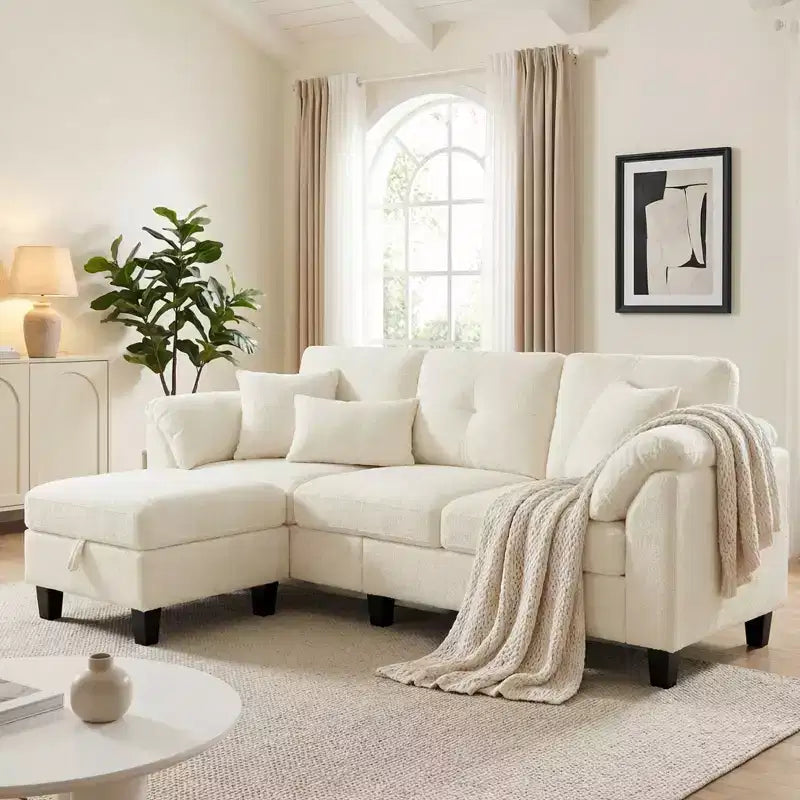 Dyonery 76.4-inch Modern Style Three-seater Sofa with Armrests and Pillows in Chenille Beige
