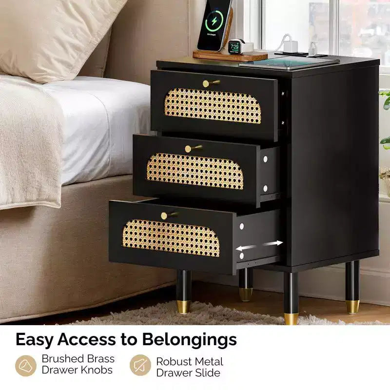 Karl Home 15.75 Inch 3-Drawer Rattan Nightstand with US Standard Power Outlet