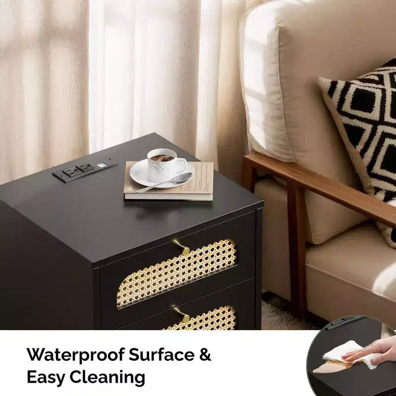 Karl Home 15.75 Inch 3-Drawer Rattan Nightstand with US Standard Power Outlet