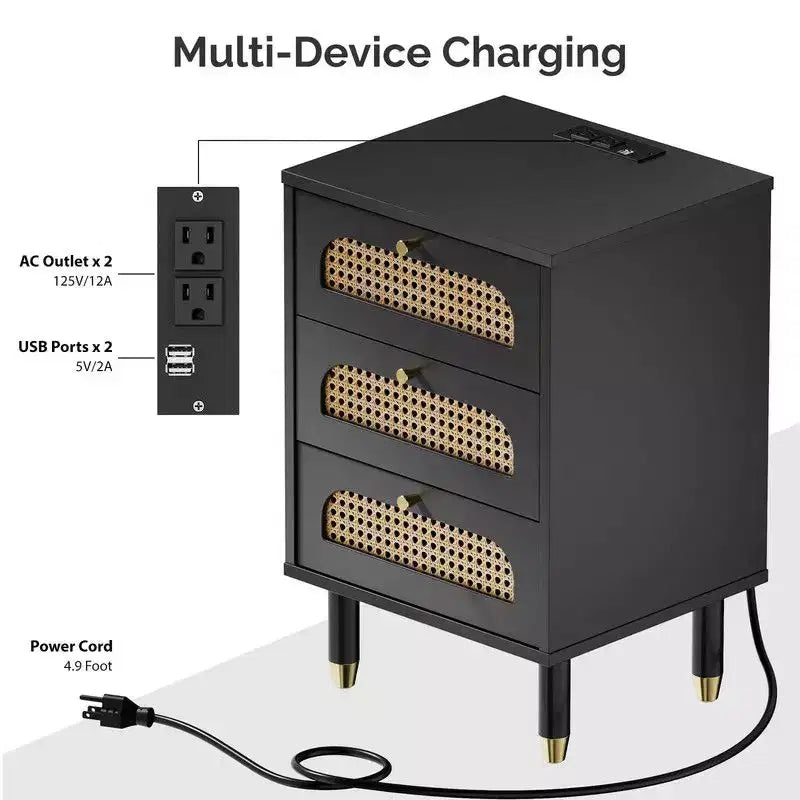 Karl Home 15.75 Inch 3-Drawer Rattan Nightstand with US Standard Power Outlet