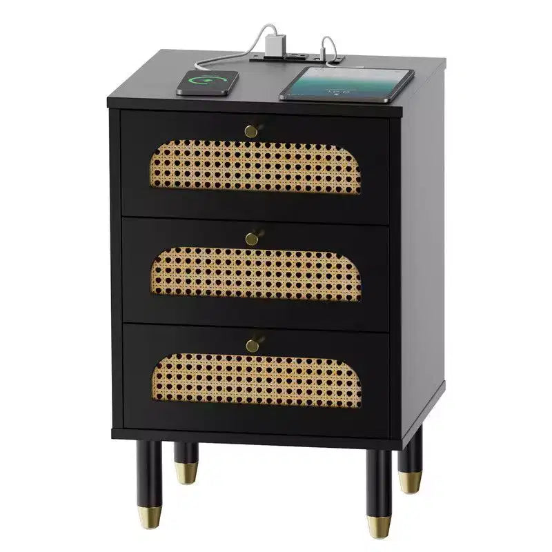 Karl Home 15.75 Inch 3-Drawer Rattan Nightstand with US Standard Power Outlet