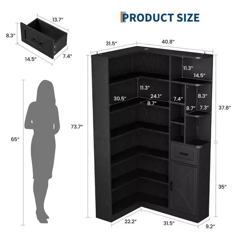 74 Inch Tall Corner Bookshelf, L-Shaped Black Bookcase with Storage for Living Room, Home Office and Bedroom
