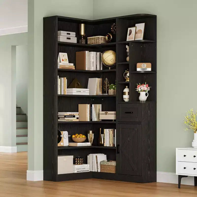 74 Inch Tall Corner Bookshelf, L-Shaped Black Bookcase with Storage for Living Room, Home Office and Bedroom