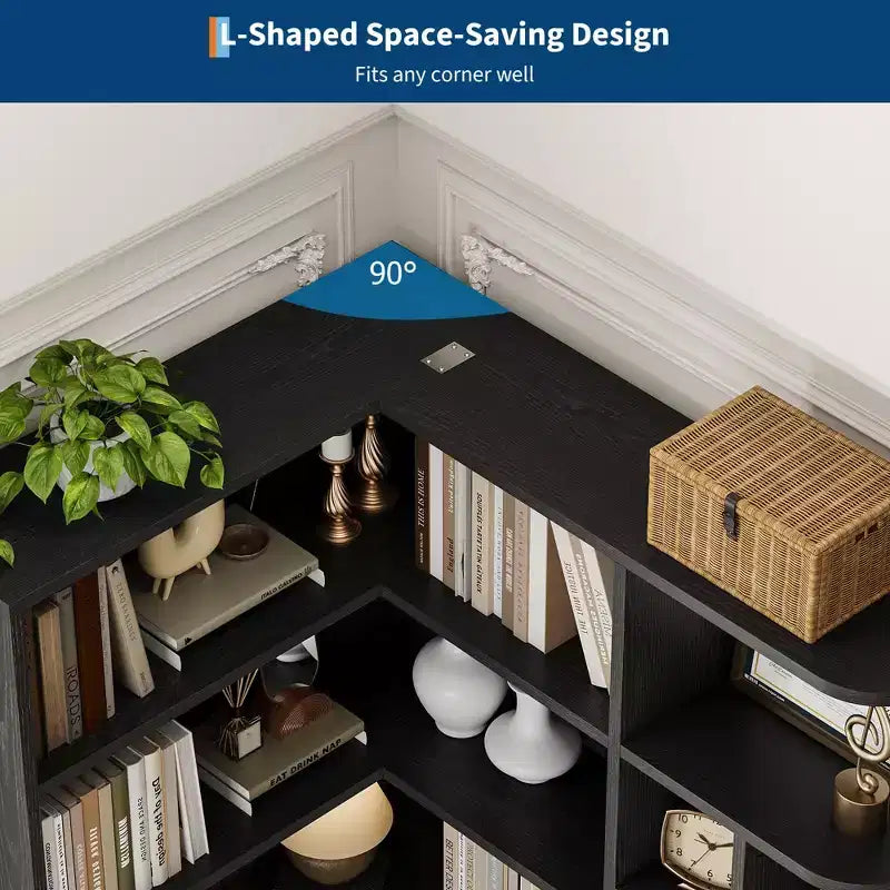74 Inch Tall Corner Bookshelf, L-Shaped Black Bookcase with Storage for Living Room, Home Office and Bedroom