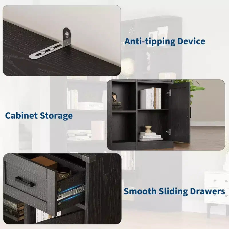 74 Inch Tall Corner Bookshelf, L-Shaped Black Bookcase with Storage for Living Room, Home Office and Bedroom