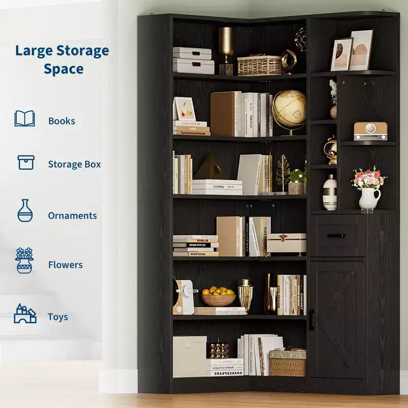 74 Inch Tall Corner Bookshelf, L-Shaped Black Bookcase with Storage for Living Room, Home Office and Bedroom