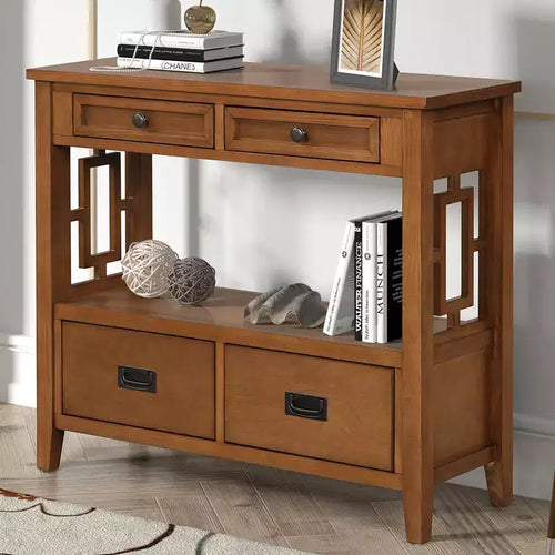 Consolle da 36" in pino massello con 4 cassetti e 1 ripiano, per ingresso, soggiorno, camera da letto, corridoio, marrone