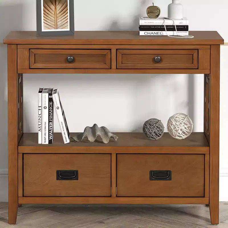 36'' Farmhouse Pine Wood Console Table with 4 Drawers & 1 Storage Shelf for Entryway Living Room Bedroom Hallway, Brown