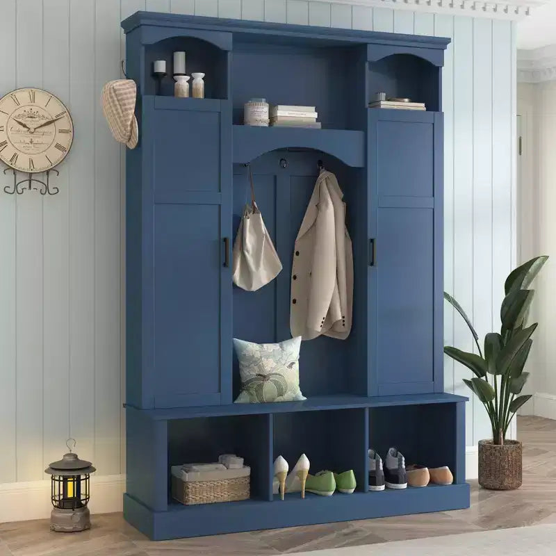 Modern Hall Tree with Storage Bench and Adjustable Shelves