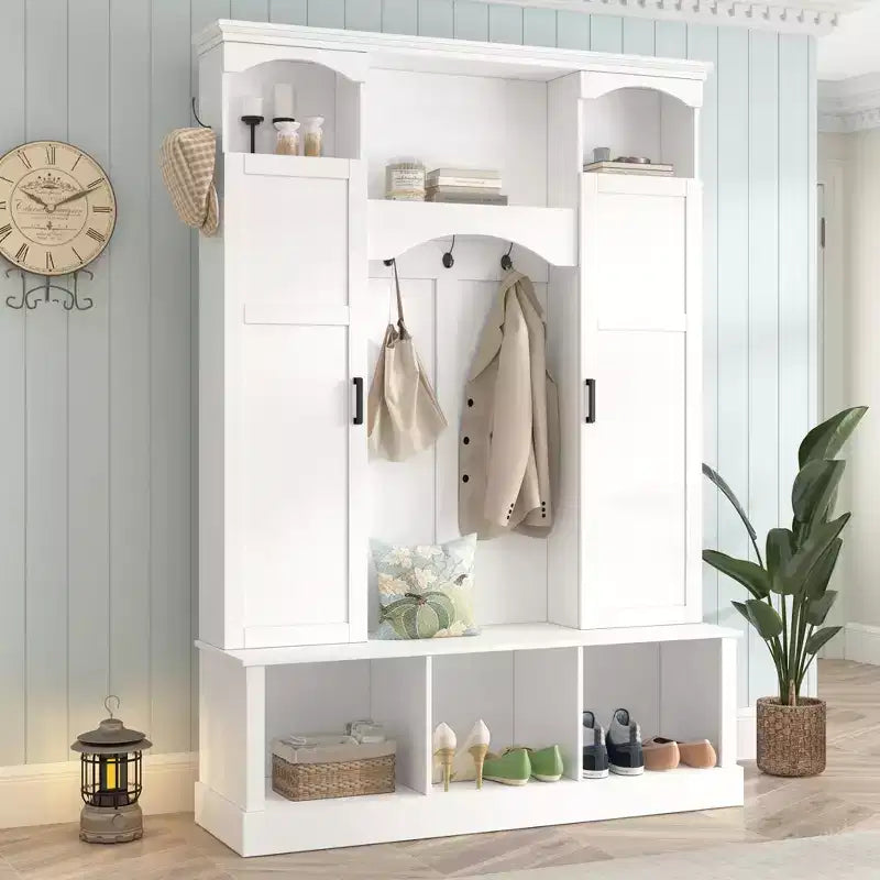 Modern Hall Tree with Storage Bench and Adjustable Shelves