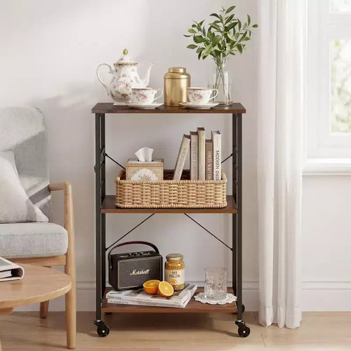 Carrello da cucina a 3 livelli da 60 cm, Carrello per microonde e caffè, Scaffale portaoggetti resistente su ruote, Nero