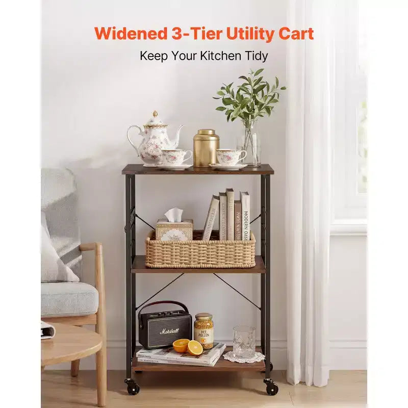 VEVOR Kitchen Utility Cart, 3 Tier 23.7 in Microwave Stand Coffee Cart, Heavy Duty Storage Rack, Service Trolley on Wheels, Black