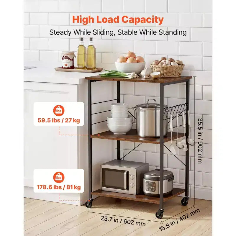 VEVOR Kitchen Utility Cart, 3 Tier 23.7 in Microwave Stand Coffee Cart, Heavy Duty Storage Rack, Service Trolley on Wheels, Black