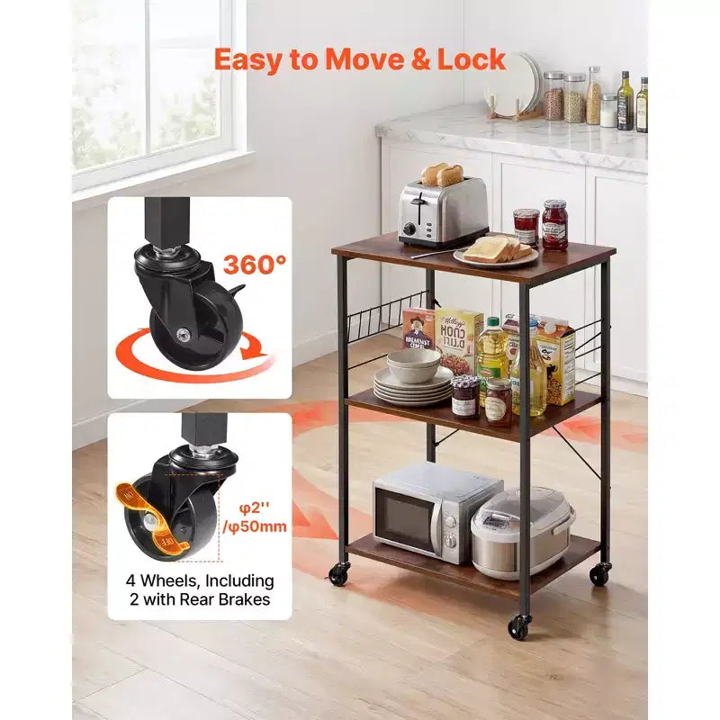 VEVOR Kitchen Utility Cart, 3 Tier 23.7 in Microwave Stand Coffee Cart, Heavy Duty Storage Rack, Service Trolley on Wheels, Black