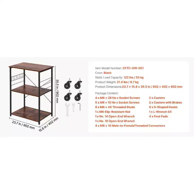 VEVOR Kitchen Utility Cart, 3 Tier 23.7 in Microwave Stand Coffee Cart, Heavy Duty Storage Rack, Service Trolley on Wheels, Black