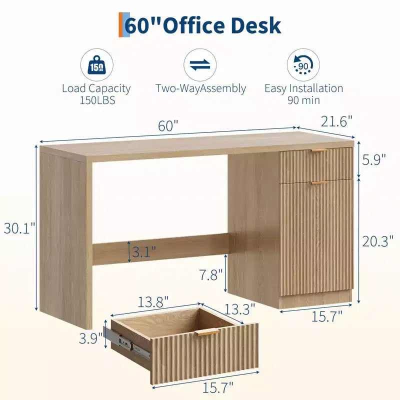 60 Modern Fluted Executive Desk with Drawers & Storage Cabinet, Natural Oak Wood Home Office Computer Desk, Writing Table for Study & Workspace