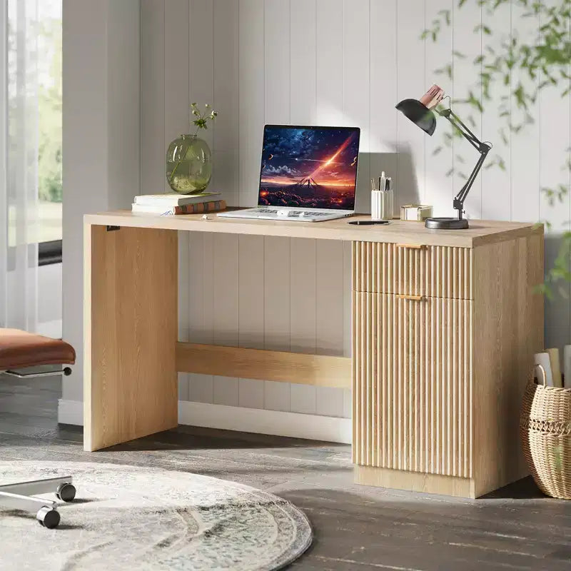 60 Modern Fluted Executive Desk with Drawers & Storage Cabinet, Natural Oak Wood Home Office Computer Desk, Writing Table for Study & Workspace