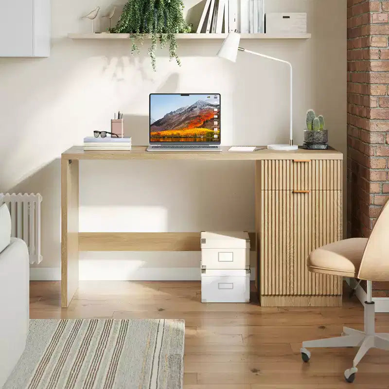 60 Modern Fluted Executive Desk with Drawers & Storage Cabinet, Natural Oak Wood Home Office Computer Desk, Writing Table for Study & Workspace