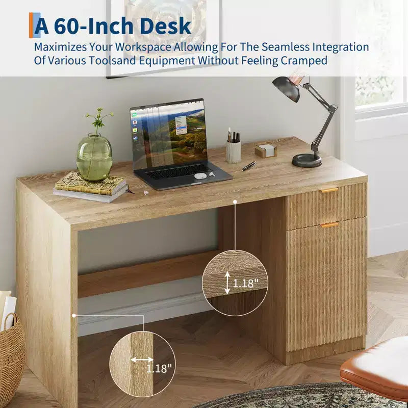 60 Modern Fluted Executive Desk with Drawers & Storage Cabinet, Natural Oak Wood Home Office Computer Desk, Writing Table for Study & Workspace