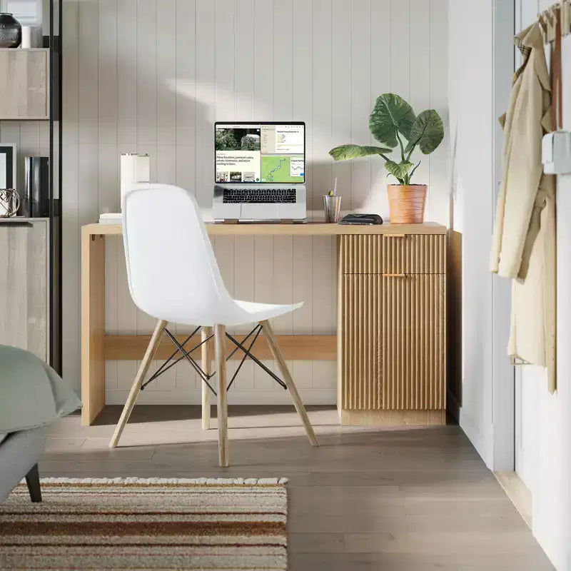 60 Modern Fluted Executive Desk with Drawers & Storage Cabinet, Natural Oak Wood Home Office Computer Desk, Writing Table for Study & Workspace