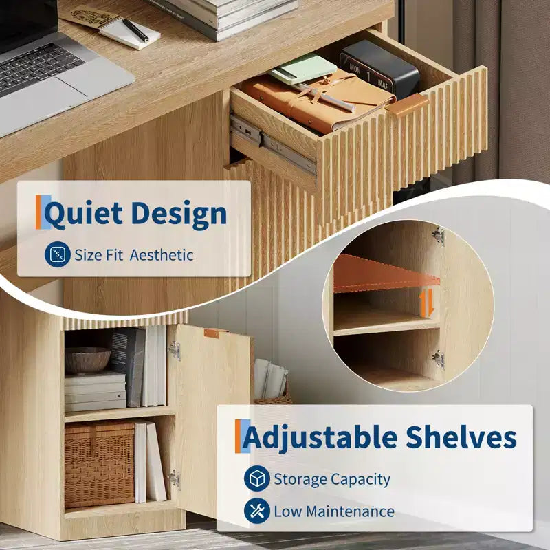 60 Modern Fluted Executive Desk with Drawers & Storage Cabinet, Natural Oak Wood Home Office Computer Desk, Writing Table for Study & Workspace