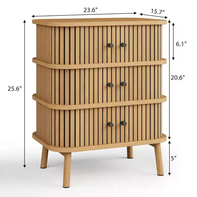 Mid-Century Modern 3 Drawer Dresser with Natural Wicker Rattan Sliding Door, Wooden Storage Cabinet with Tapered Legs for Bedroom and Living Room