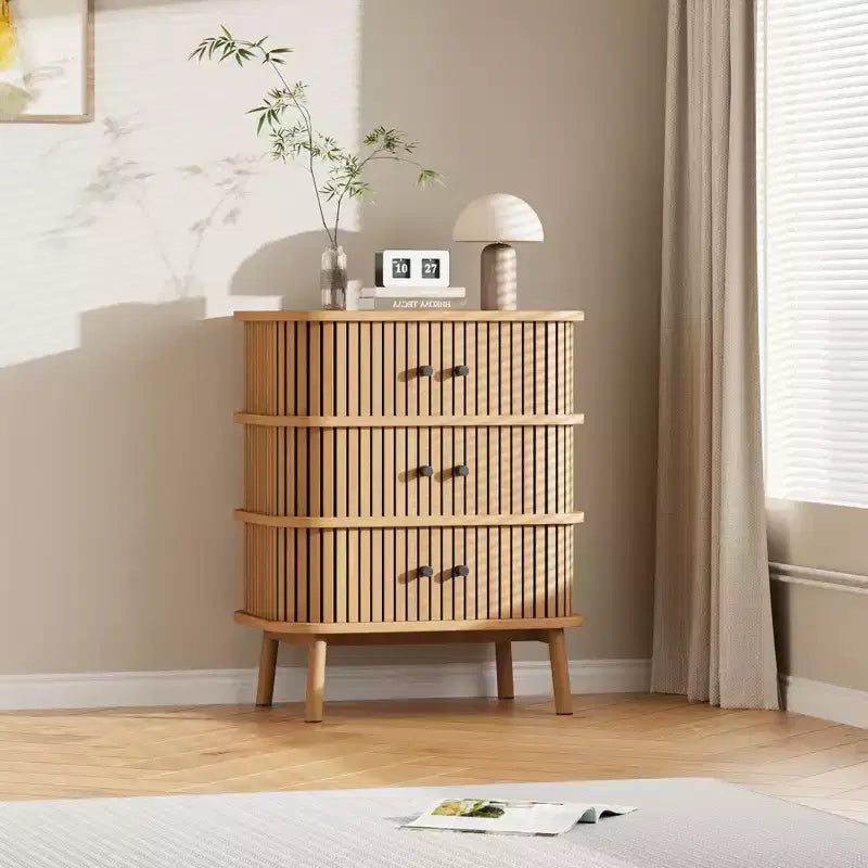 Mid-Century Modern 3 Drawer Dresser with Natural Wicker Rattan Sliding Door, Wooden Storage Cabinet with Tapered Legs for Bedroom and Living Room