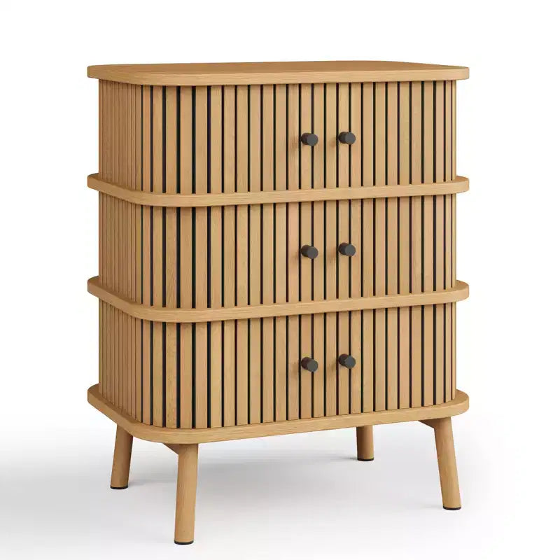 Mid-Century Modern 3 Drawer Dresser with Natural Wicker Rattan Sliding Door, Wooden Storage Cabinet with Tapered Legs for Bedroom and Living Room