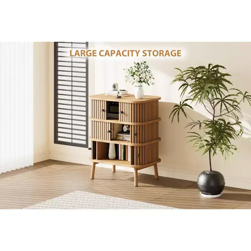 Mid-Century Modern 3 Drawer Dresser with Natural Wicker Rattan Sliding Door, Wooden Storage Cabinet with Tapered Legs for Bedroom and Living Room